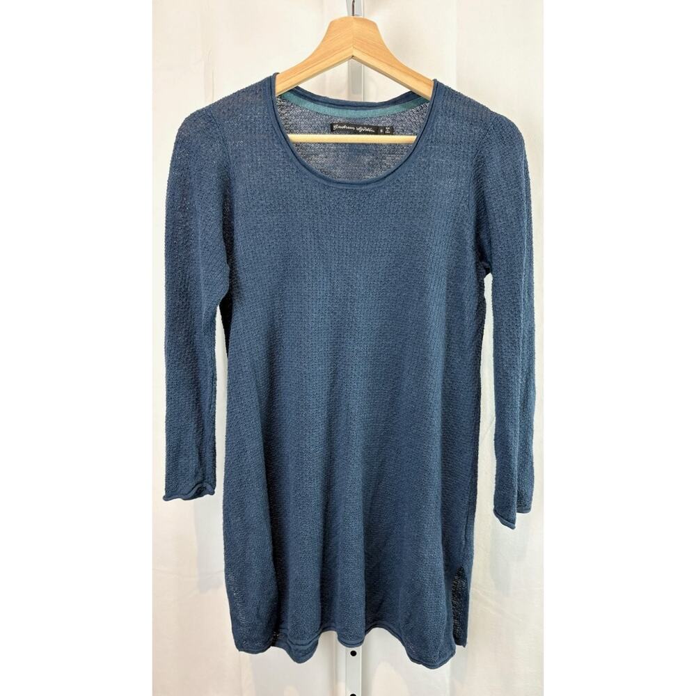 GUDRUN SJODEN Textured Linen Knit Tunic Sweater 3/4 Sleeve Ligthweight Blue S